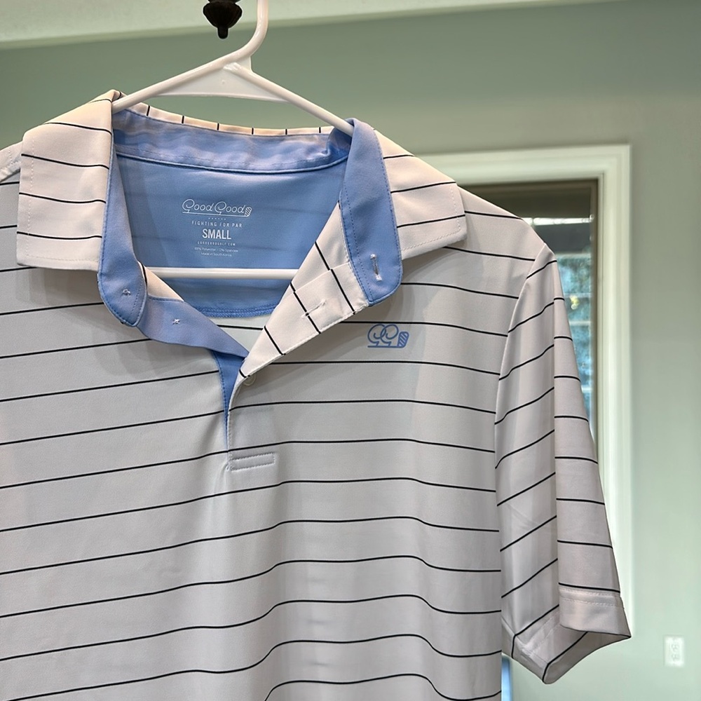 Good Good Golf men’s polo. White with black stripes.  Size small.